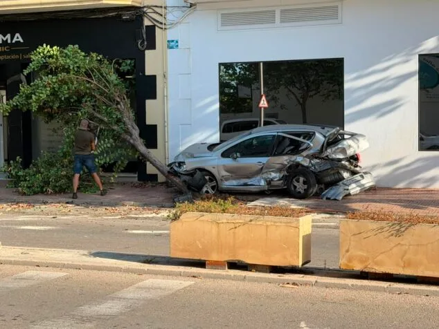 Imagen: Un coche plateado con graves daños en la parte trasera y lateral, junto a un árbol caído en la acera de una calle.