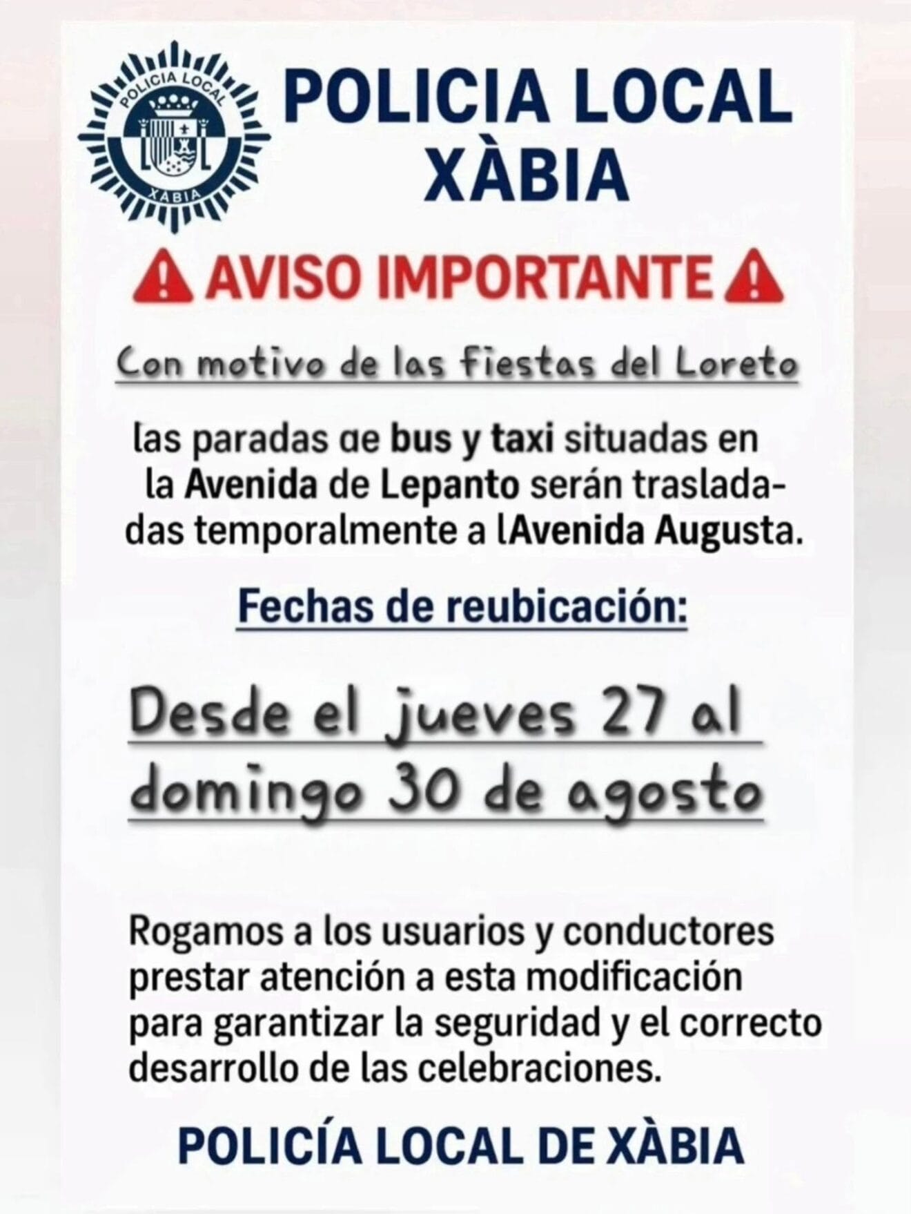 Aviso del cambio de ubicación de la parada de bus y taxi