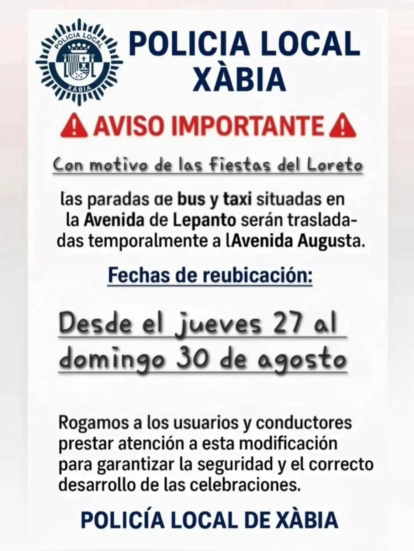 Aviso del cambio de ubicación de la parada de bus y taxi