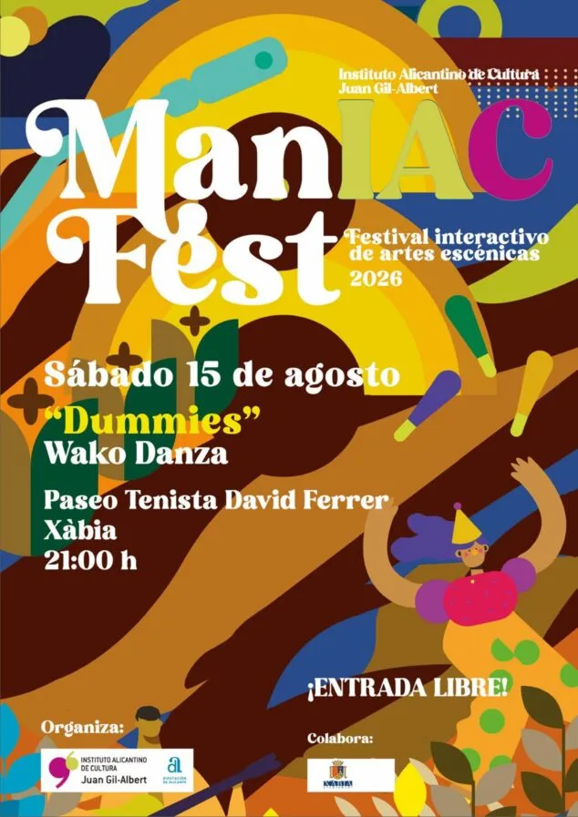 Imagen: Cartel colorido con información sobre el espectáculo de danza Dummies en el ManIAC Fest 2026 de Xàbia.