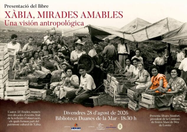 Cartel promocional de la presentación del libro "Xàbia, Miradas Amables. Una visión antropológica" con una foto de época y detalles del evento.