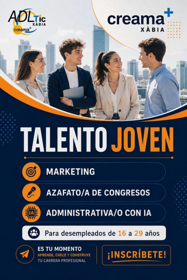Imagen: Cartel del programa Talento Joven de Creama Xàbia para formación de jóvenes.