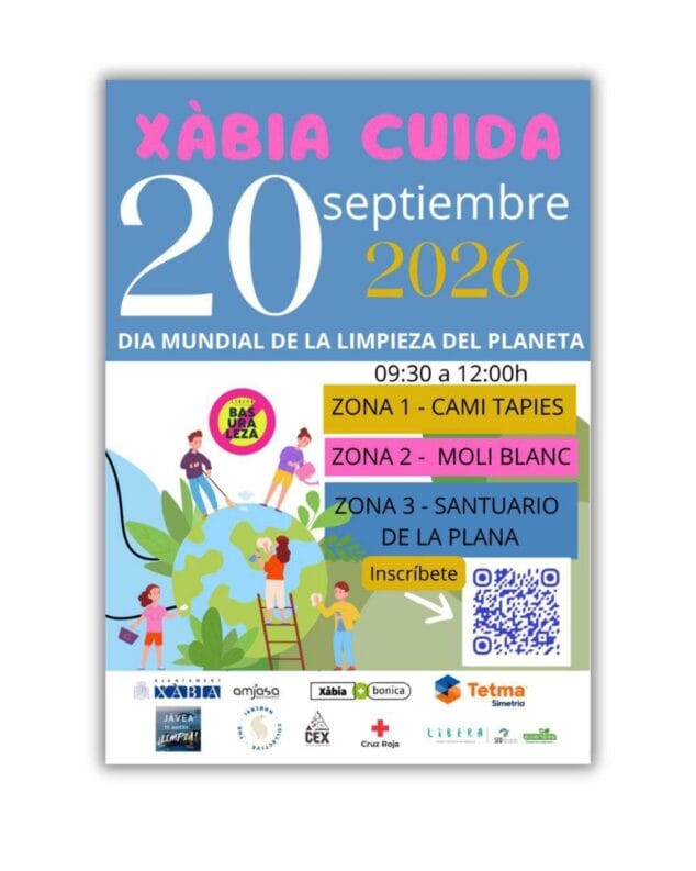 Imagen: Cartel del evento de limpieza ambiental Xàbia Cuida el 20 de septiembre de 2026 con puntos de encuentro e inscripción mediante código QR.