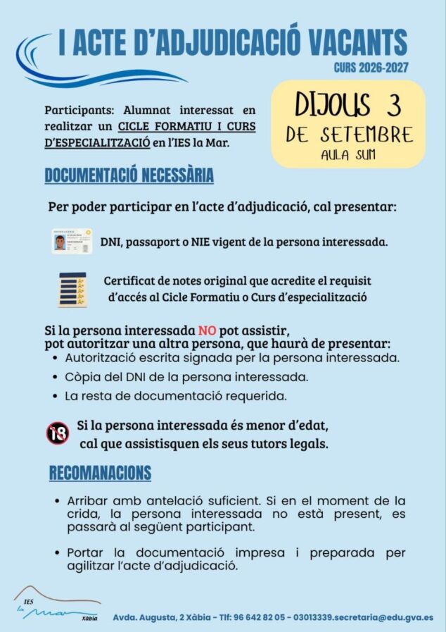 Imagen: Documentación a aportar para las vacantes de Ciclos Formativos