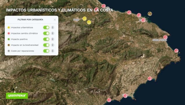 Imagen: Mapa de la Marina Alta con los impactos marcados por Greenpeace