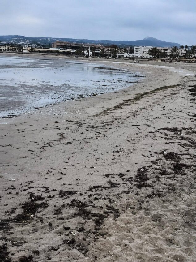 Imagen: Vista de una playa en Xàbia con marea baja y cielo nublado