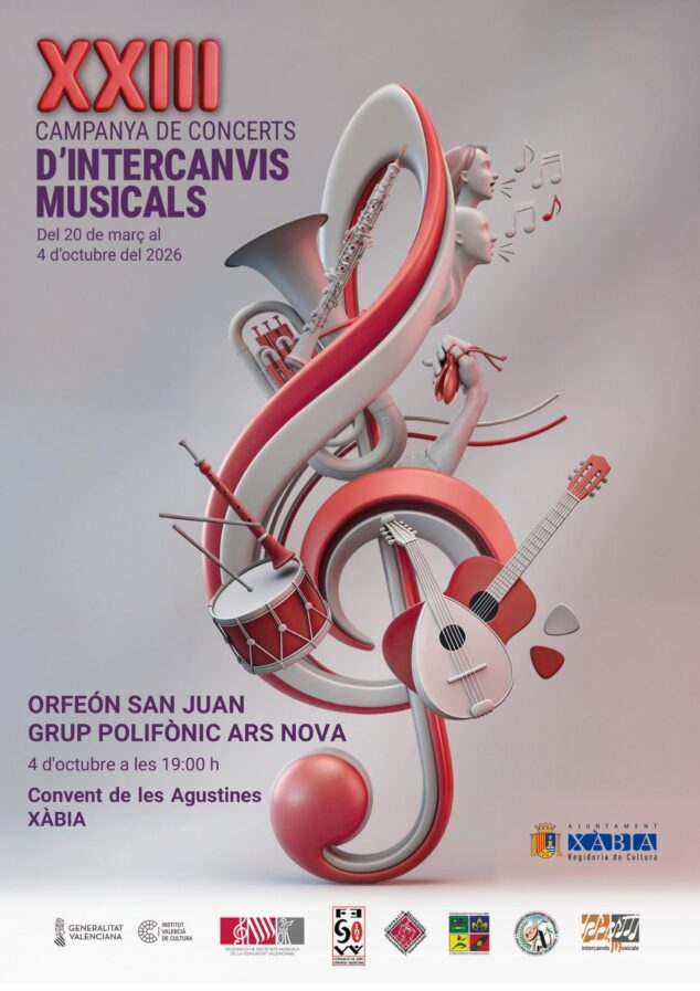 Imagen: Cartel de la XXIII Campaña de Conciertos de Intercambios Musicales en Xàbia, con la participación de Ars Nova y Orfeón San Juan el 4 de octubre de 2026.