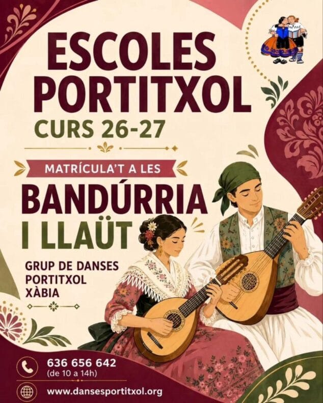 Imagen: Cartel Escoles Portitxol Curs 26-27 Bandúrria i Llaüt