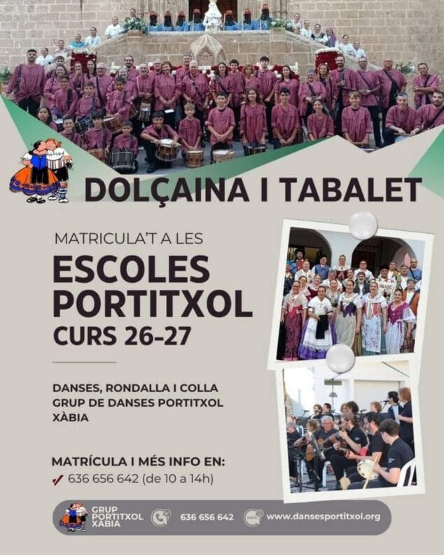Imagen: Cartel de "Escoles Portitxol" para el curso 26-27 con fotos de grupos de dolçaina, danzas y rondalla.