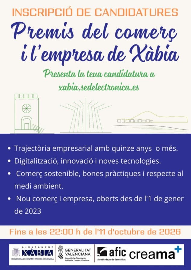 Imagen: Cartel informativo con las categorías, fecha límite de inscripción y logos de los organizadores de los Premis del Comerç i l'Empresa de Xàbia 2026.