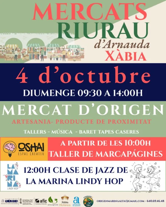 Imagen: Cartel del Mercat d'Origen en Xàbia el 4 de octubre en el Riurau d'Arnauda con horarios y actividades.