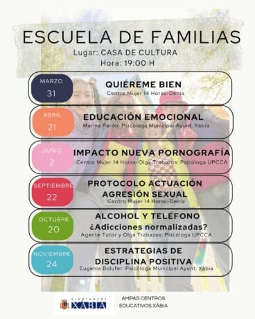 Cartel de la programación de la Escuela de Familias de Xàbia
