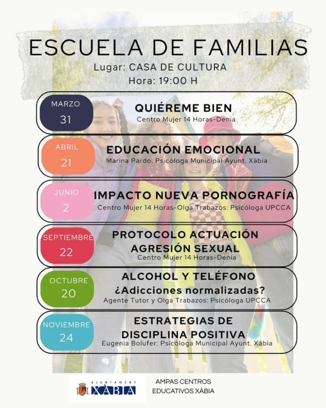Imagen: Cartel con el programa de la Escuela de Familias de Xàbia y sus diferentes sesiones.