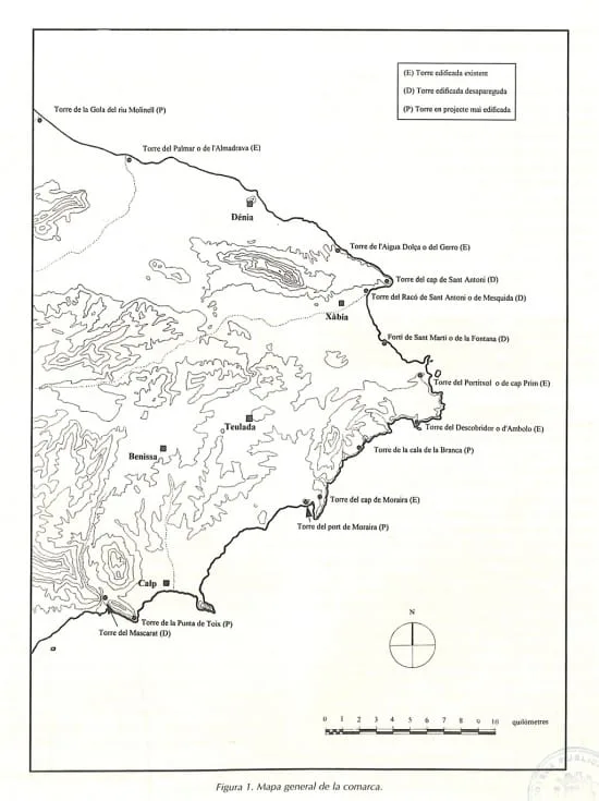 Imagen: Mapa de las torres defensivas de la Marina Alta