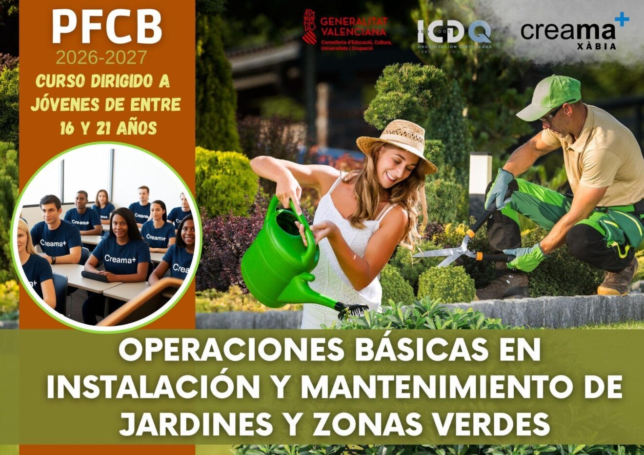Póster promocional del curso PFCB de Jardinería de Creama Xàbia