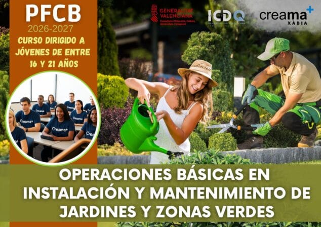 Imagen: Cartel promocional del curso PFCB de jardinería para jóvenes de Creama Xàbia.