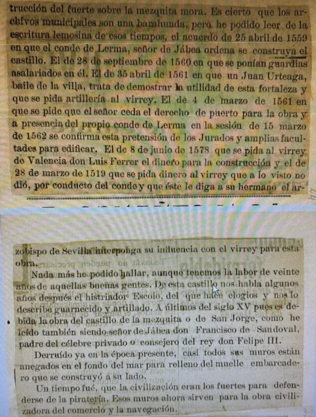 Imagen: Artículo de prensa sobre el Castillo de la Mezquita de Xàbia