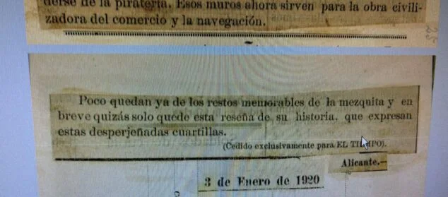 Imagen: Recorte de prensa sobre el Castillo de la Mezquita donde se ve medio y fecha