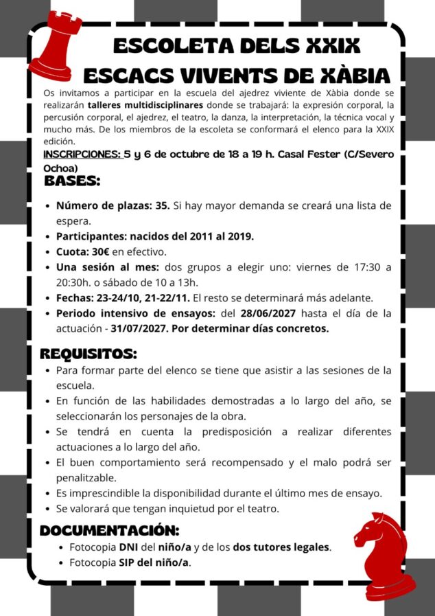 Imagen: Bases de la inscripción a la Escola d'escacs vivents