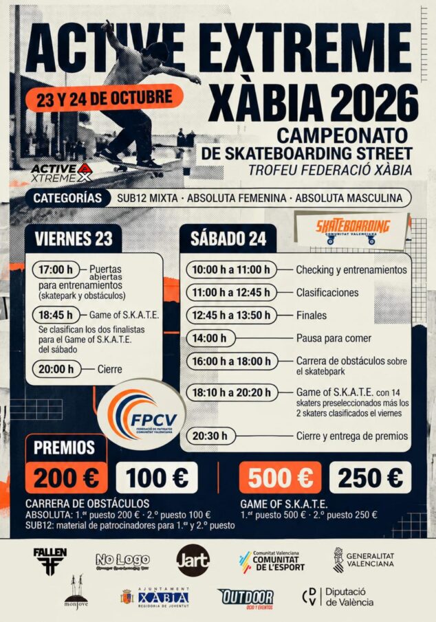 Imagen: Cartel Active Extreme Xàbia 2026 con horarios y categorías.