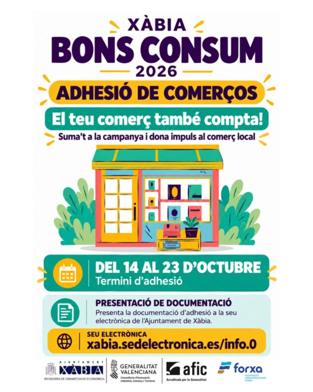 Imagen: Cartel informativo de la campaña Bons Consum Xàbia 2026 sobre la adhesión de comercios