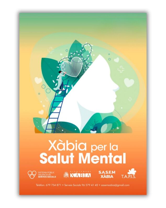 Imagen: Cartel ilustrado de la campaña 'Xàbia per la Salut Mental' con logotipos del Ayuntamiento, SASEM y TAPIS.