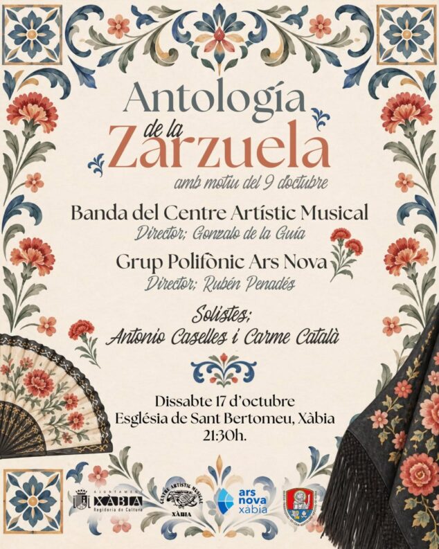 Imagen: Cartel del concierto Antología de la Zarzuela en la Església de Sant Bertomeu de Xàbia con fecha y participantes.