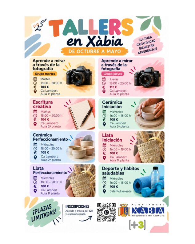 Imagen: Cartel con la programación de talleres culturales en Xàbia, de octubre a mayo, incluyendo fotografía, cerámica, llata y deporte.