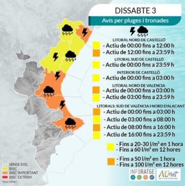 Mapa de alertas meteorológicas por lluvias y tormentas en la Comunidad Valenciana para el sábado 3