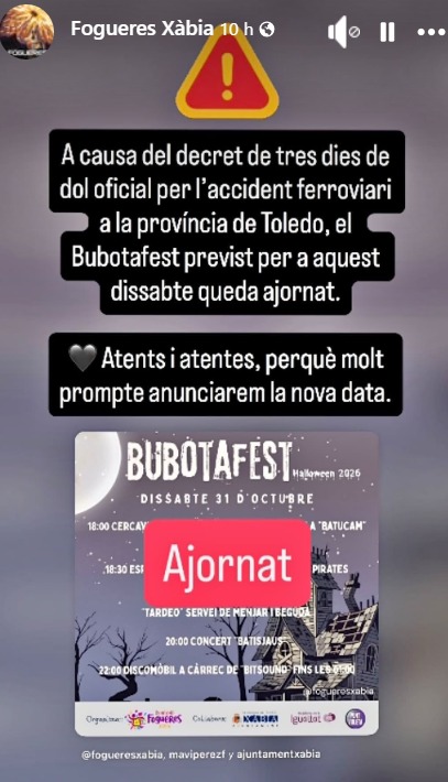 Imagen: Publicación del aplazamiento del Bubota Fest